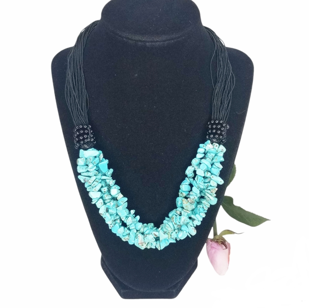 Six Strand Blue Howlite Chip & Cord Necklace EUC
